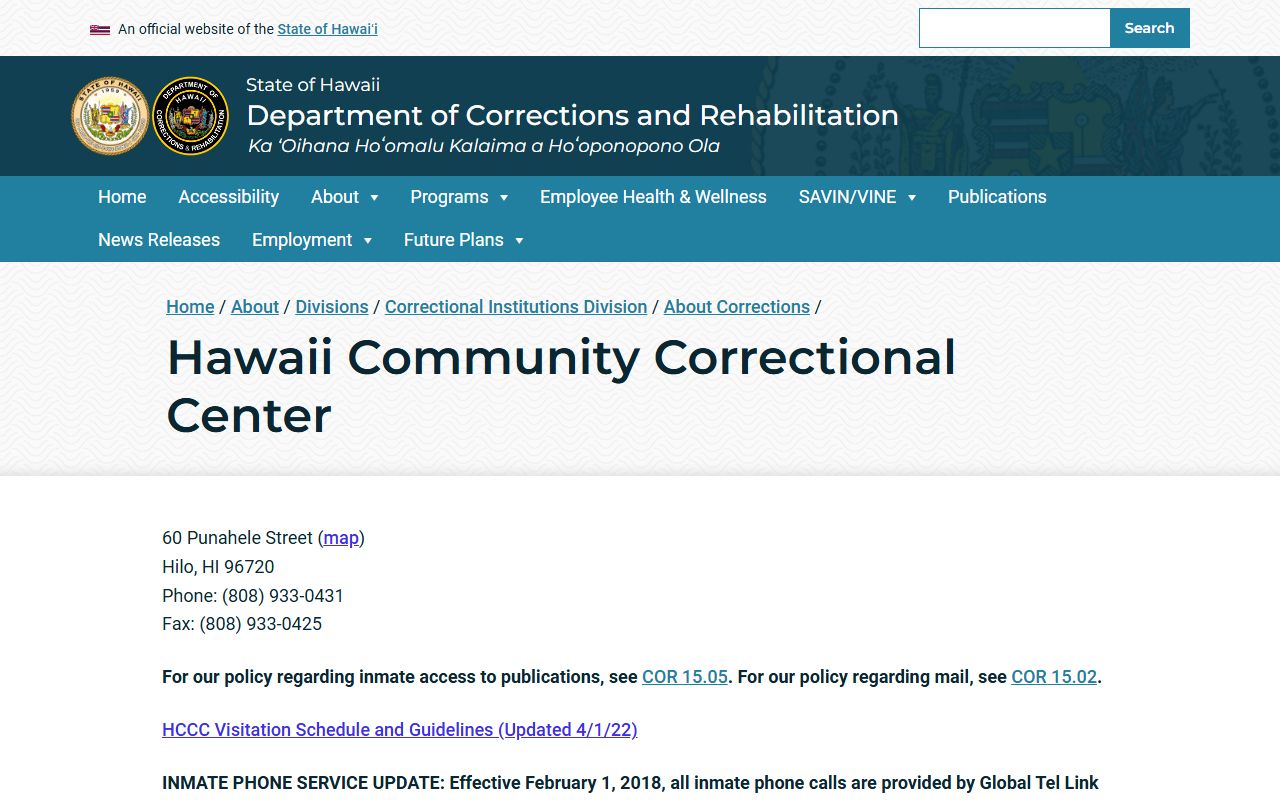 Hawaii Community Correctional Center inmate custody information page