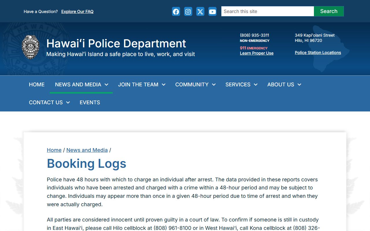 Hawaii County jail mugshots HPD booking logs page